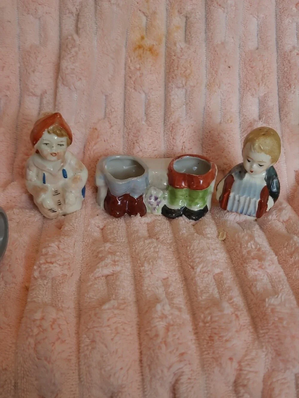 Hand-Painted Porcelain Boy and Girl  Salt And Pepper Pair. Japan Vintage Sitters